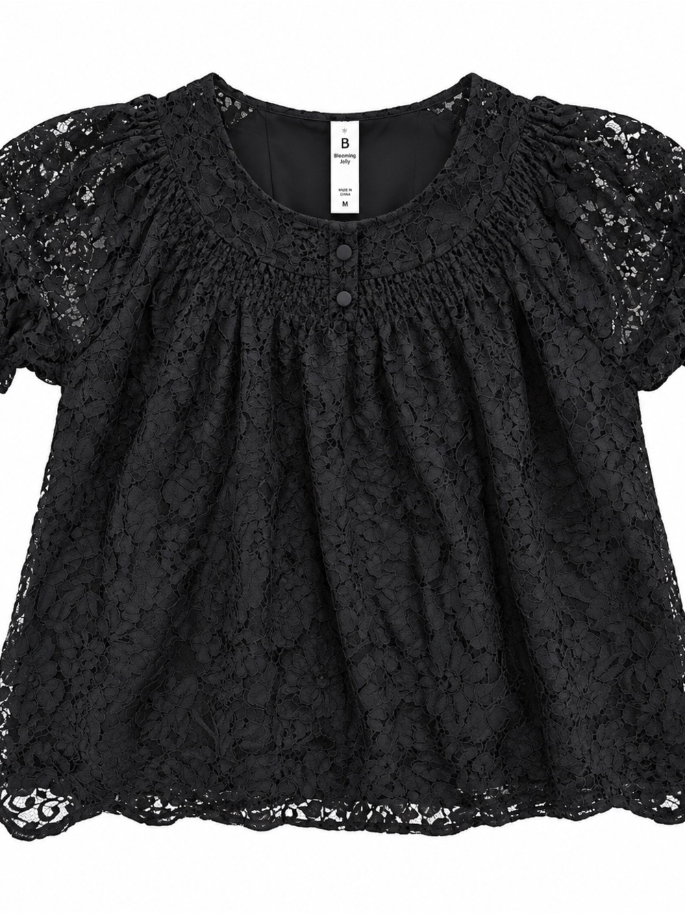 Black Lace Puff-Sleeve Blouse - Feminine Lace Top